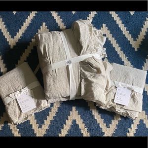 Pottery Barn Belgian Flax Linen Fringe Ruffle Duvet Cover in flax